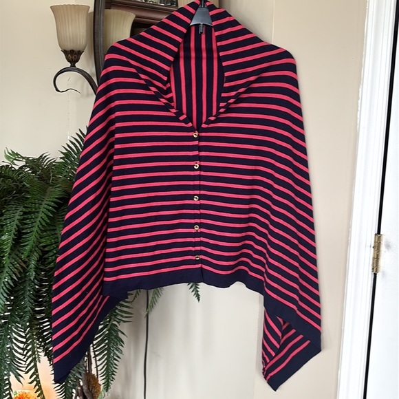 Lilly Pulitzer Red & Blue Striped Button Down Poncho Cape Cardigan Shrug - Picture 15 of 15